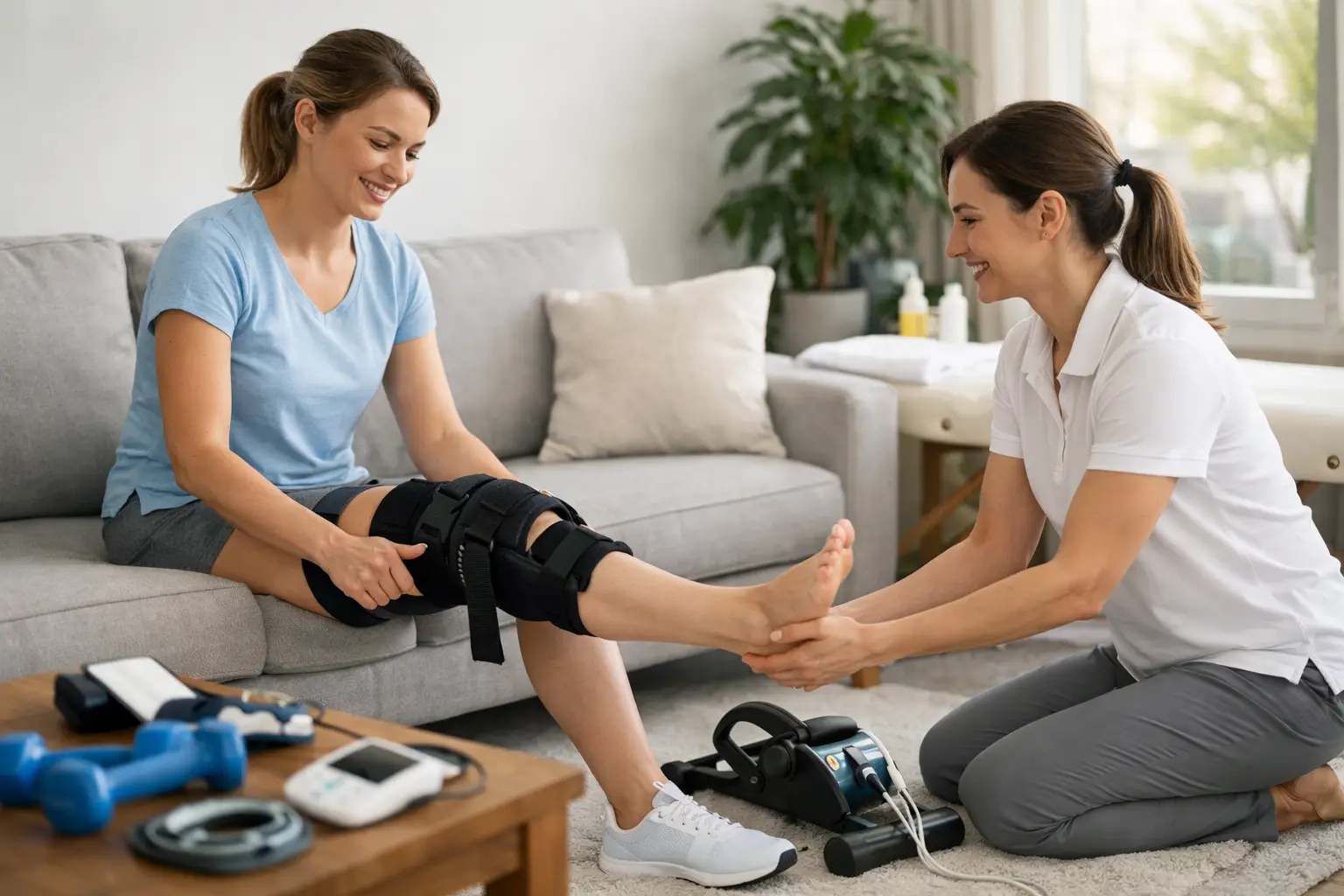 Fisioterapia en casa con equipo para rehabilitarte